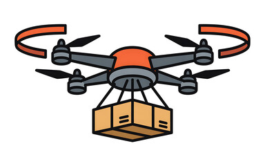 Drone Delivering Cardboard Package With Orange Accents Transparent background