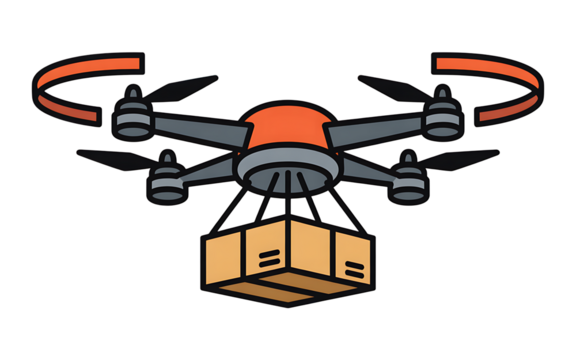 Drone Delivering Cardboard Package With Orange Accents Transparent background