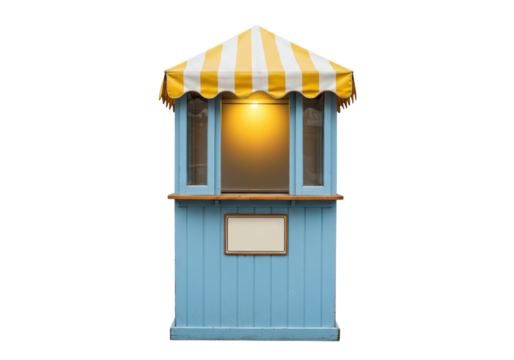 Isolated fairground concession booth with canopy in yellow and light blue color, front view