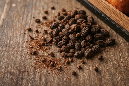 Unprocessed black cardamom alongside its ground form on a rustic wooden background.