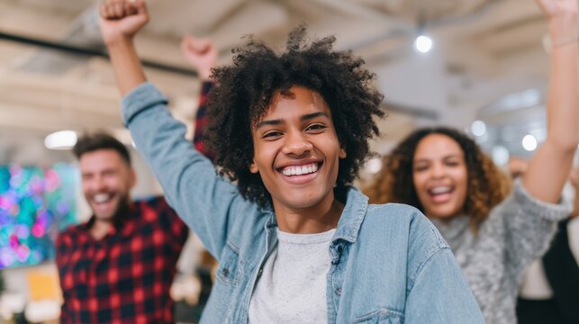 Diverse team of young professionals celebrating success with raised hands, showcasing joy and teamwork in a vibrant office environment filled with colorful decorations