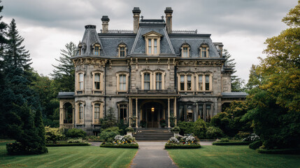 Grand historic mansion with intricate architecture surrounded by lush greenery under a dramatic cloudy sky, showcasing elaborate details and landscaped garden pathways.