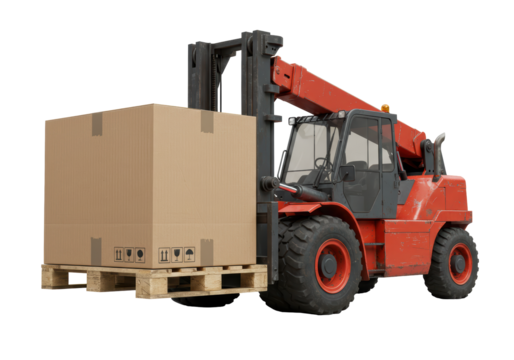 Isolated telescopic handler loads wooden pallet with cardboard box for transport