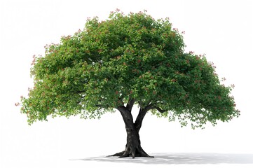 Obraz premium Image of a tree featuring vibrant leaves and red blossoms against a white backdrop
