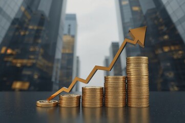 Downward arrow over stacked coins with urban architecture backdrop and blank area. Concepts of financial decline and economic downturn.