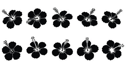 A collection of black and white hibiscus flower silhouettes arranged neatly