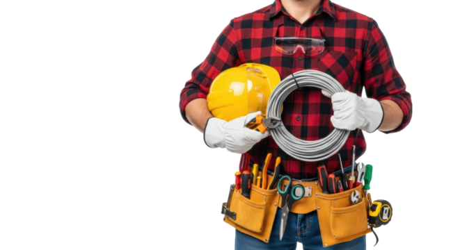 Focused male electrician, 30s, in plaid, jeans, gloves, holding cables, with belt, on transparent studio background with copy space, professional trades concept