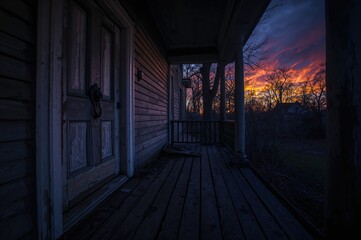 Fototapeta premium Entrance of a decaying haunted residence at twilight.