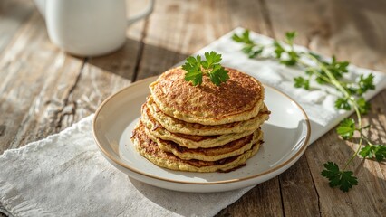 Golden zucchini patties topped with chopped parsley resting on a wooden tabletop