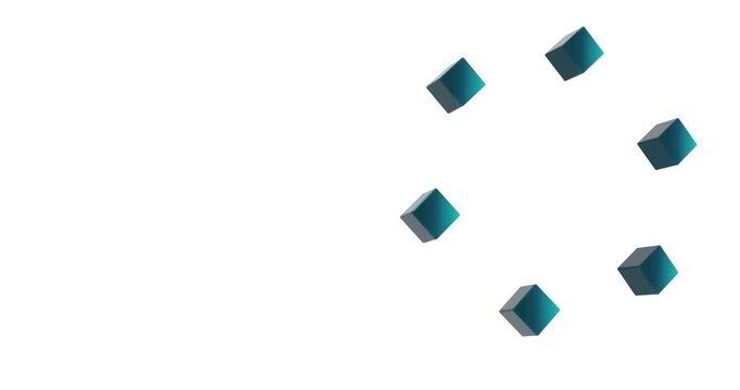 Anima&ccedil;&atilde;o 4K em loop de cubos 3D azul&ndash;ciano girando lentamente sobre fundo branco, composi&ccedil;&atilde;o minimalista com amplo espa&ccedil;o para texto &agrave; esquerda. Visual limpo e corporativo, ideal como background