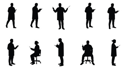 Silhouettes of people in various poses holding devices and gesturing