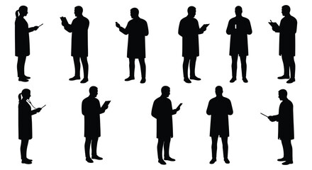 Silhouettes of people holding smartphones and tablets in a line
