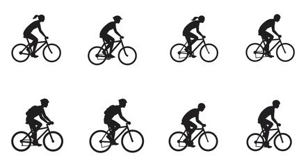 Silhouettes of cyclists in various poses riding bicycles on a white background