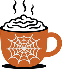 Halloween coffee cup, spider web latte art, spooky hot drink, autumn pumpkin spice mug, festive cappuccino, cozy seasonal beverage
