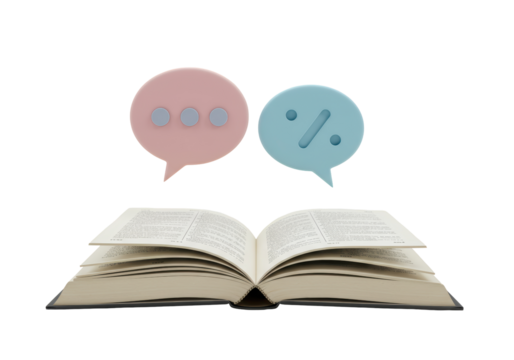 Isolated open book beneath communication bubbles, idea sharing, knowledge sharing concept