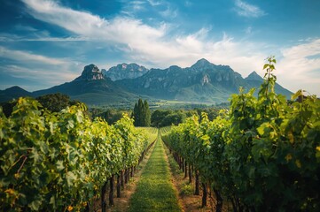 Fototapeta premium Summer vineyard scenery with mountains in the distance under a clear sky