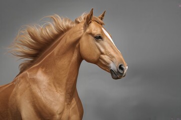 Fototapeta premium Dynamic portrait of a golden Andalusian horse against a gray backdrop