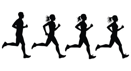 Silhouette of four people running in a line depicting motion