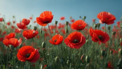 Obraz premium Vibrant poppy field under a clear sky