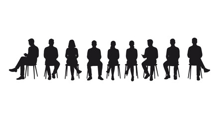 A row of silhouetted people sitting on chairs against a white background