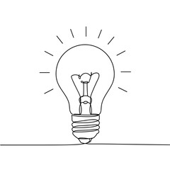 Light bulb illustration with rays in line art style on white background  