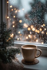 Fototapeta premium Warm coffee cup by frosted window with snow outside and twinkling lights creating a dreamy winter scene