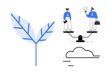 Large stylized leaf alongside two professionals balancing on a seesaw discussing innovation. Ideal for sustainability, teamwork, innovation, growth, balance, decision-making, minimalistic concepts
