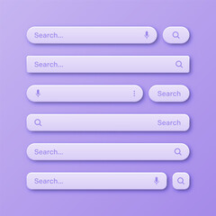 Colorful 3d search bar templates. Internet browser engine with search box, address bar and text field. UI design, website interface element with web icons and push button. Vector illustration