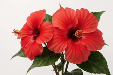 Bright red hibiscus blossoms and green foliage on a white backdrop