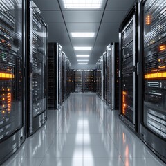 Modern data center server room with glowing lights, technology infrastructure and network connectivity.