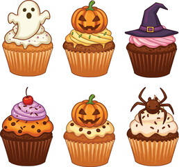 Halloween cupcakes with ghost, pumpkin, witch hat, spider decorations, spooky treats, festive dessert, autumn celebration, party food, holiday sweets.