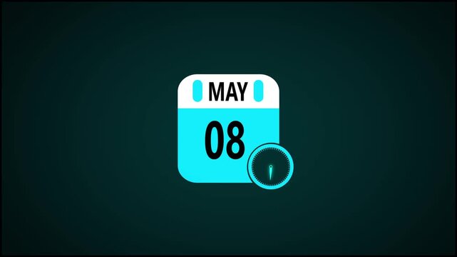 May month calendar animation on black background. Animated calendar icon showing the date may 8th. Digital calendar design icon animation 4k video.