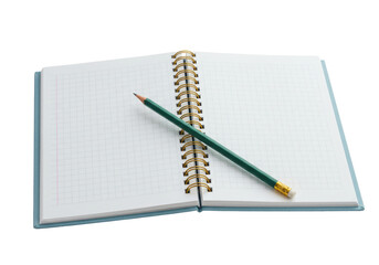 Isolated notebook with wire binding and pencil with eraser for writing in the office