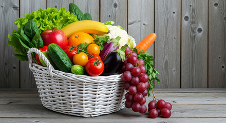 Fresh Fruit and Vegetable Harvest in White Basket on Rustic Wood
