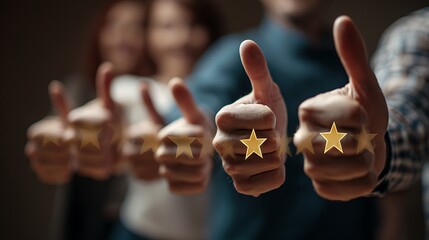 Happy customers using a product, with thumbs up or five stars