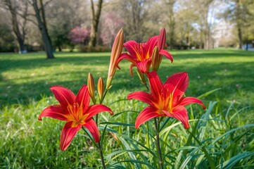 Scarlet Daylily Blossoms in a Garden Setting