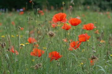 Fototapeta premium Bright Red Poppies Bring Life to Any Wildflower Meadow or Garden! A Simple-to-Cultivate Mix Featuring a Variety of Colorful Poppies.