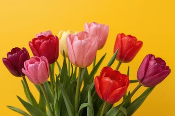 Fototapeta premium Vibrant tulips blossom in a magical arrangement, displaying hues of violet, rose, crimson, and gold.