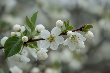 Branch of a plum tree adorned with white buds and raindrops, with a blurred natural background