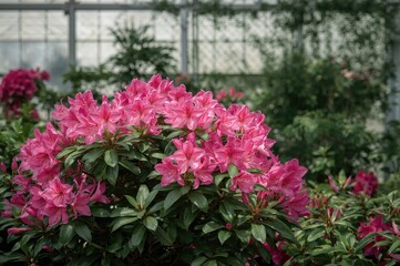 Vibrant pink azalea plant inside a glasshouse. Gorgeous blooms.