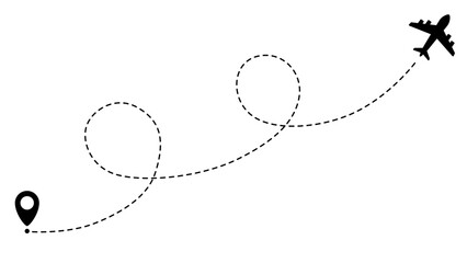 Airplane line path routes. Travel vector icon. Travel from start point and dotted line tracing. Plane routes flight air dotted isolated illustration.