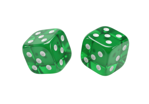 Isolated Green Dice Pair with Spots for Games of Chance, Random Number Generation
