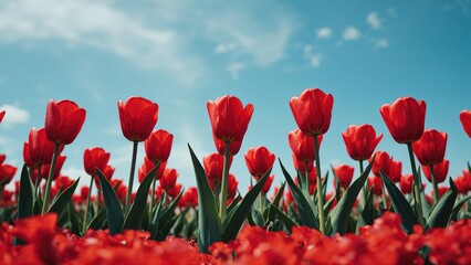Obraz premium Bright red tulips blooming under a clear blue sky in a garden bed