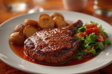 Pork chop steak served with potatoes and a red and white sauce on a white dish
