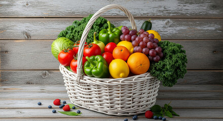 Vibrant Fresh Produce in Rustic White Basket: Healthy Eating, Farm-to-Table Concept,  Organic Vegetables and Fruits.
