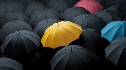 Yellow umbrella stands out among black umbrellas