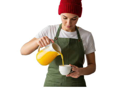 Isolated woman pouring beverage into cup wearing a red beanie and green apron, studio shot
