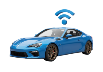 Isolated blue car with wifi signal above, symbolizing internet connectivity in autos
