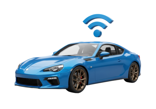 Isolated blue car with wifi signal above, symbolizing internet connectivity in autos