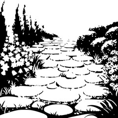 Naklejka premium Black and White Stone Pathway Leading Through a Garden Landscape.